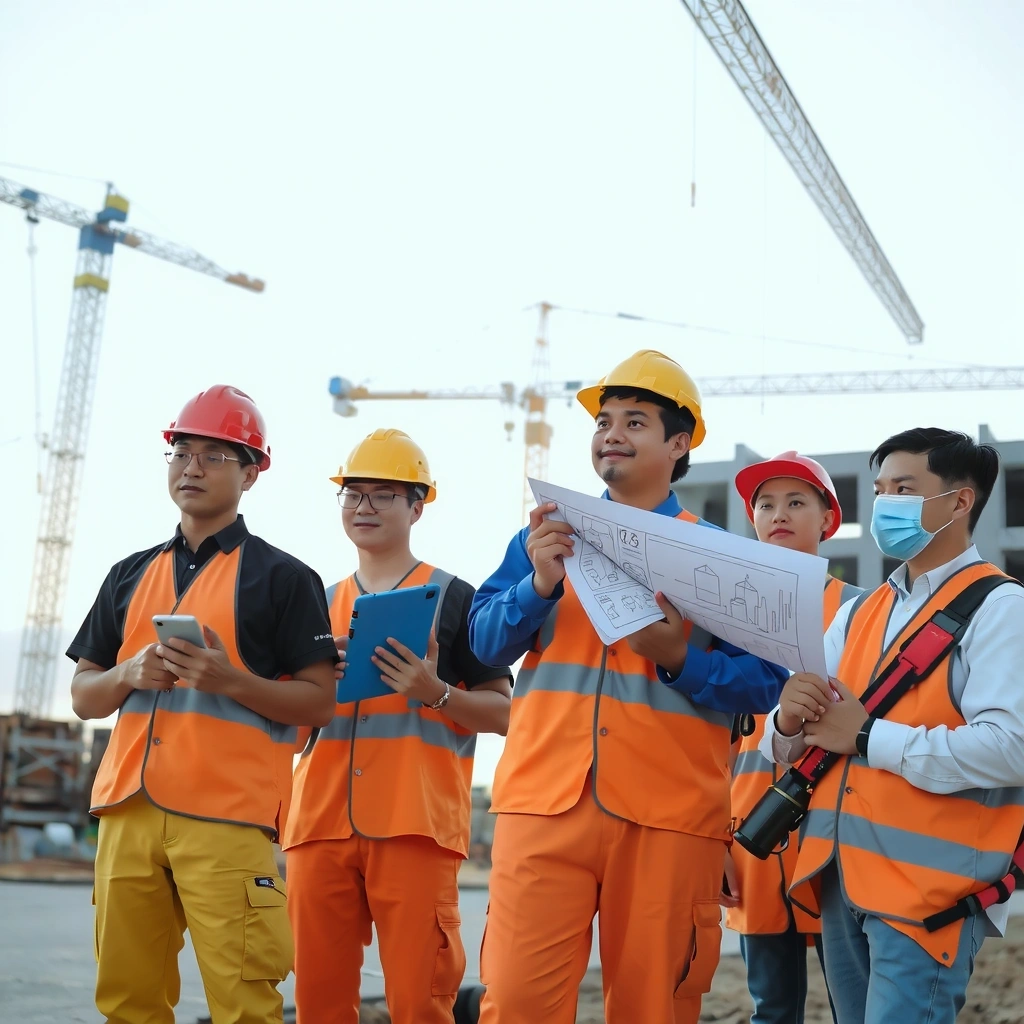 BuildNest team inspecting construction site with modern tools and equipment